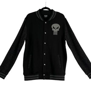MARVEL Men's Varsity Jacket The Punisher Snap Button Skull Black Gray Size L